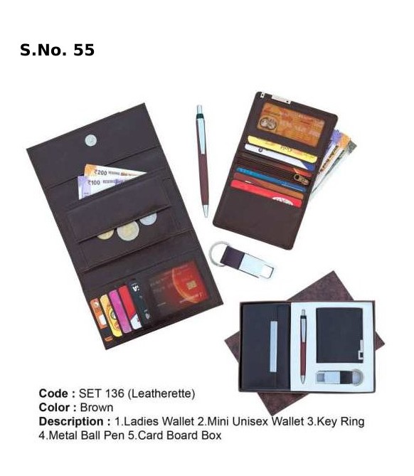 [63868] 4 Piece Gift Set of ladies wallet, mini unisex wallet, key ring with dog hook, metal roller pen, card board box