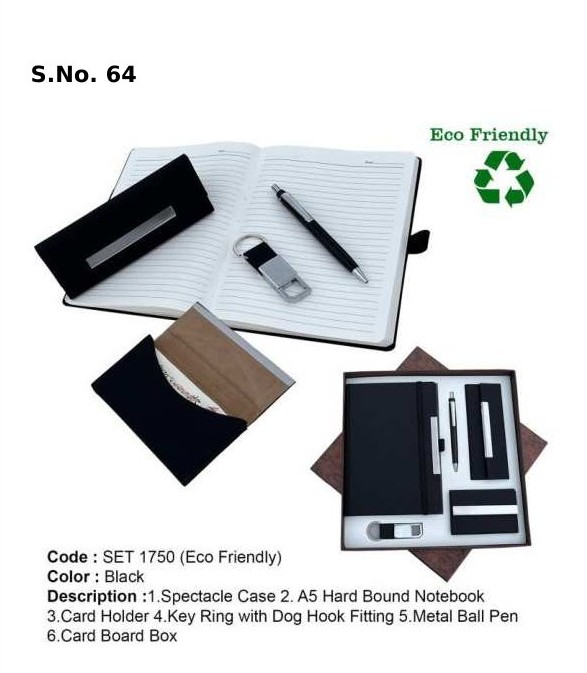 [63877] 5 Piece Gift Set of A- 5 hardbound dateless notebook, spectacle case, visiting card, key ring with dog hook fitting, metal ball pen, card board box