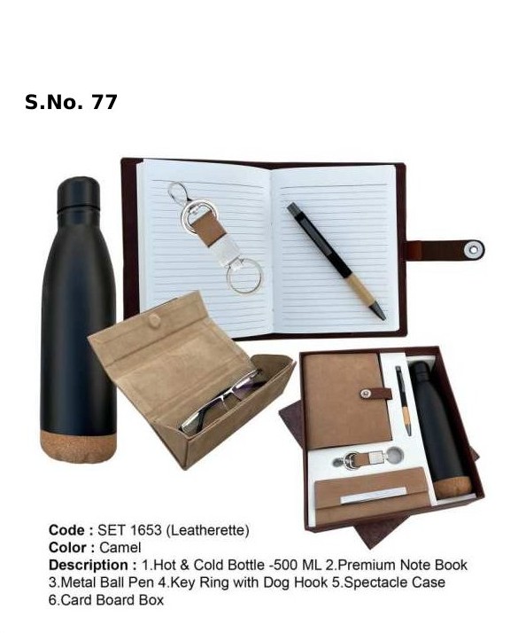 [63890] 5 Piece Gift Set of hot & cold bottle-500ml, premium note book, spectacle case, key ring with dog hook, black & bamboo ball pen, card board box