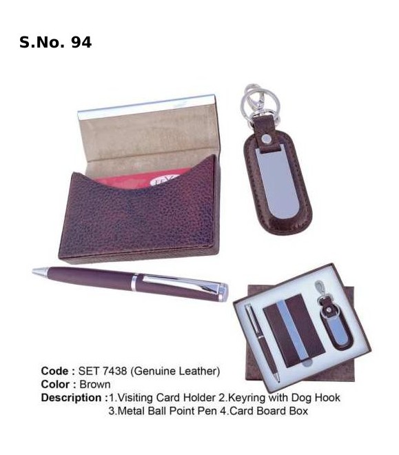 [63907] 3 piece genuine leather Gift Set of visiting card holder, key ring with dog hook, metal ball pen, card board box 