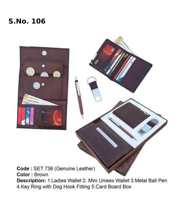 [63919] 4 Piece Gift Set of ladies wallet, mini unisex wallet, key ring with dog hook fitting, metal ball pen, card board box