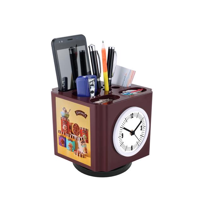 [60851] Table Revolving Pen Stand With Clock - Size	5.25X5.25X4.75"