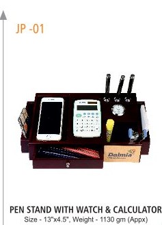 [64049] PEN STAND WITH WATCH & CALCULATOR WITH BOX Size - 13"x4.5", Weight - 1130 gm (Appx) 