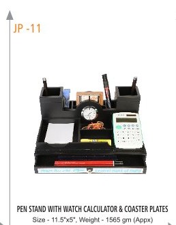 [64059] PEN STAND WITH WATCH CALCULATOR & COASTER PLATES Size - 11.5"x5", Weight - 1565 gm (Appx)