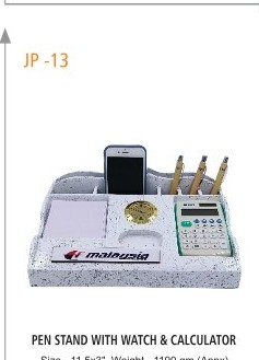 [64061] PEN STAND WITH WATCH & CALCULATOR Size - 11.5x5", Weight - 1190 gm (Appx)