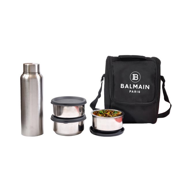 [60921] Tiffin box Stainless Steel (5 Pcs of set) - 3 Pcs 400 ML Container, 1 Pc 750 ML Stainless Steel Fridge Bottle and 1 Pc Bag