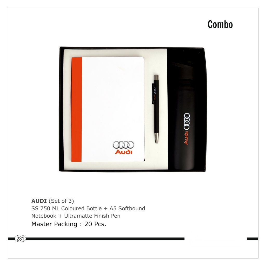 [64714] 3 pc set of SS 750 ML coloured bottle + A5 Softbound Notebook + Ultramatte finish pen