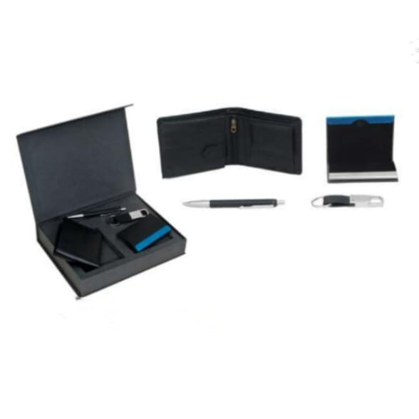 [61165] 4 In 1 Black Leather Set Gents Wallet, Card Holder Key Chain, Pen