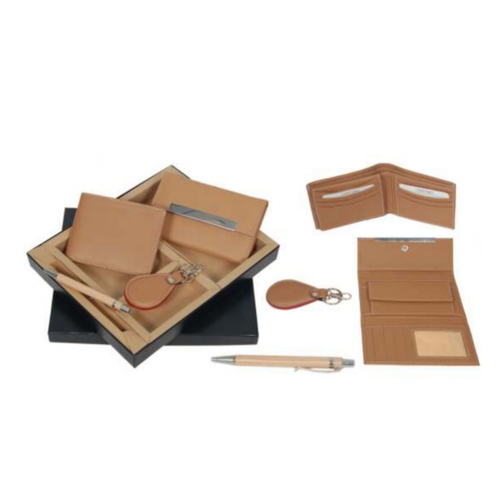 [61167] 4 In 1 Tan Leatherette Set With Ladies And Gents Wallets, Key Chain, Pen And Box
