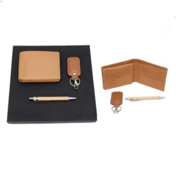 [61171] 3 In 1 Beige Colour Leather Set  Gents Wallet Key Chain Pen