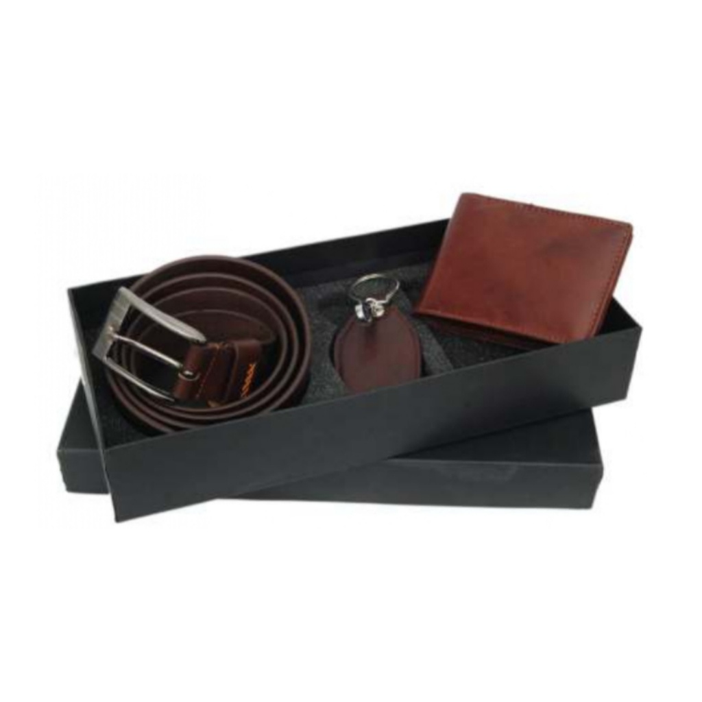 [61186] 3 In 1 Genuine Goat Leather Set With Gents Wallet ,Key Chain,Belt And Box
