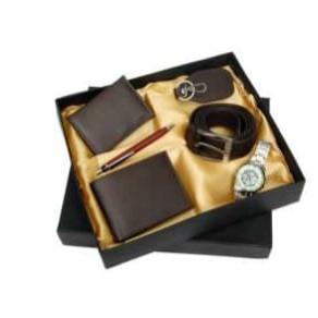 [61192] 6 In 1 Brown Leathereue Set Gents Wallet,Belt,Wrist Watch,Cardholder,Pen,Key Chain,Box