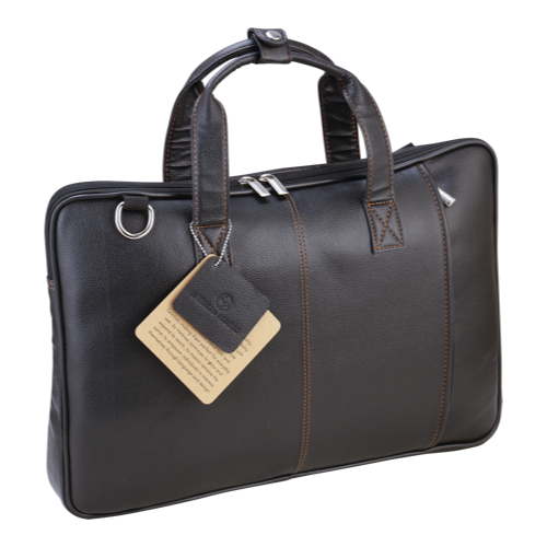 [61227] Bag - Vegan Leather Black, 15.5 Inches Laptop Bag With Handle, Black Color With Orange Lining, 1 Primary + 1 Side + 1 Internal