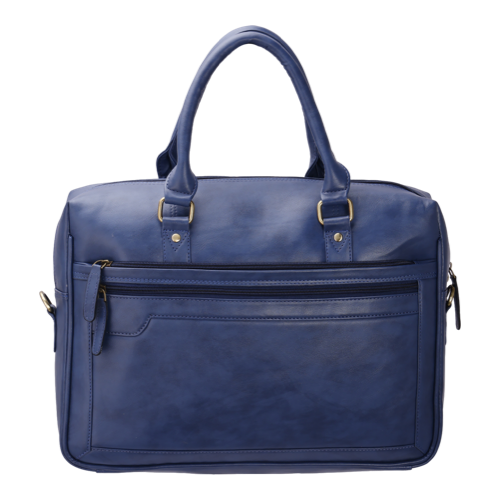 [61232] Bag - Vegan Leather Blue, 15.5 Inches File Bag, Sling Belt, Trolley Belt, Charger Pocket, Laptop Compartment. Zipper : 1 Primary + 1 Back + 1 Internal