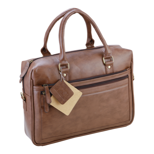 [61233] Bag - Vegan Leather Brown, 15.5 Inches File Bag, Sling Belt, Trolley Belt, Charger Pocket, Laptop Compartment. Zipper : 1 Primary + 1 Back + 1 Interna