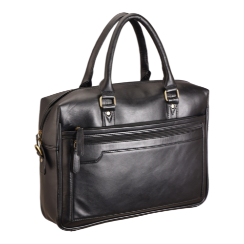 [61234] Bag - Vegan Leather Black, 15.5 Inches File Bag, Sling Belt, Trolley Belt, Charger Pocket, Laptop Compartment. Zipper : 1 Primary + 1 Back + 1 Internal