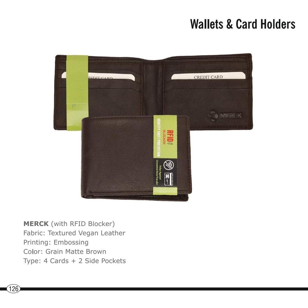 [56047] Merck  |  Wallet Cum Card Holder With Rfid Blocker, Fabric : Textured Vegan Leather, Printing : Embossing, Color : Grain Matte Brown, Type : 4 Cards + 2 Side Pockets (Moq : 200 Pcs) + Premium Box