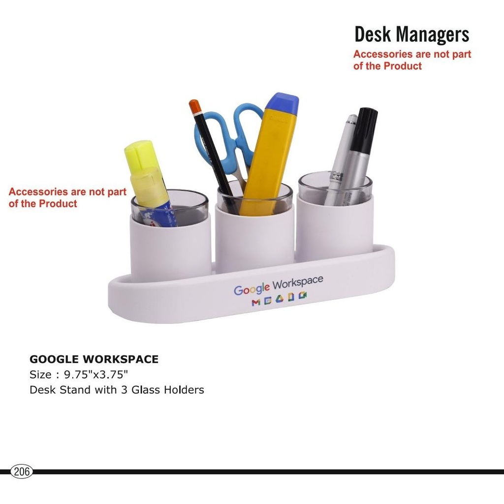 [56065] Google Workspace  |  Penstand With 3 Glass Holder, Size : 3.75" X 9.75", Printing Size : 0.75" X 2.75"
