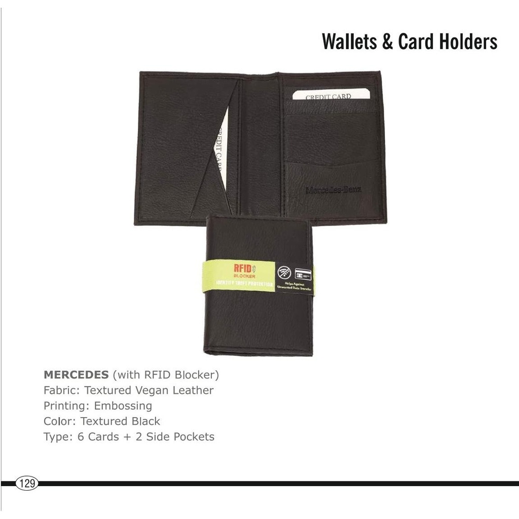 [56048] Mercedes  |  Wallet Cum Card Holder With Rfid Blocker, Fabric : Textured Vegan Leather, Printing : Embossing, Color : Textured Black, Type : 6 Cards + 2 Side Pockets (Moq : 200 Pcs) + Premium Box