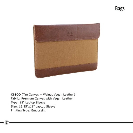 [56058] Cisco  |  Laptop Sleeve - (Tan Canvas + Walnut Vegan Leather), Fabric : Premium Canvas With Vegan Leather, Size : 15.25" X 11" Laptop Sleeve, Printing Type : Embossing