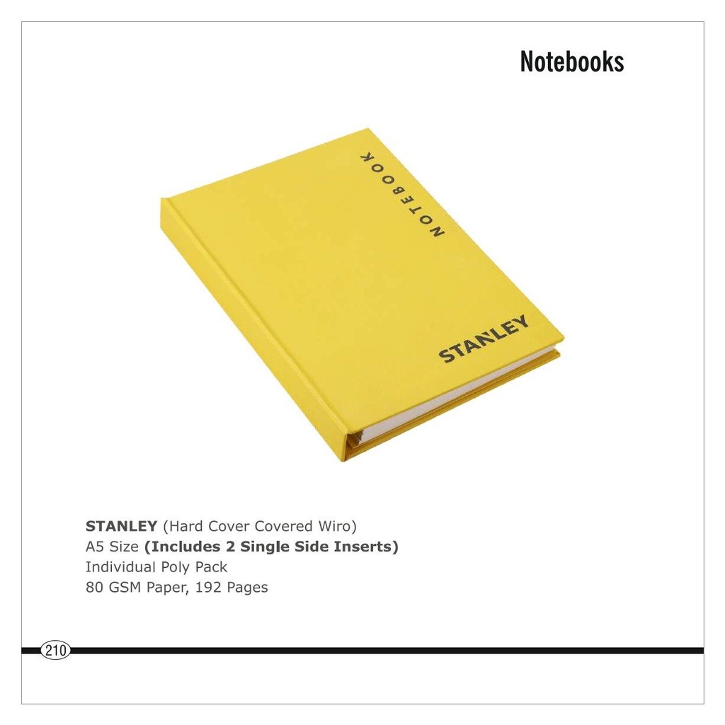 [56067] Stanley  |  Note Book - Hard Cover Covered Wiro - Size : A5 (Includes 2 Single Side Inserts) , Individual Poly Pack, Poly 80 Gsm Paper, 192 Pages (Moq : 100 Pcs)