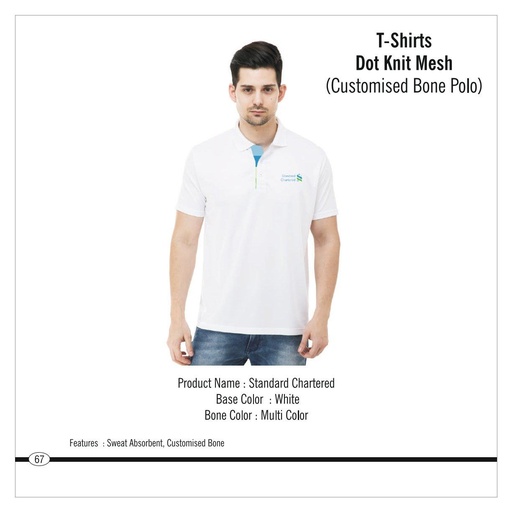 [56041] Standard Chartered  |  T-Shirt - (Polo Eco), Fabric : Dot Knit Mesh, Base Colour : White, Bone Colour : Multicolour, Features : Sweat Absorbent, Contrast Bone