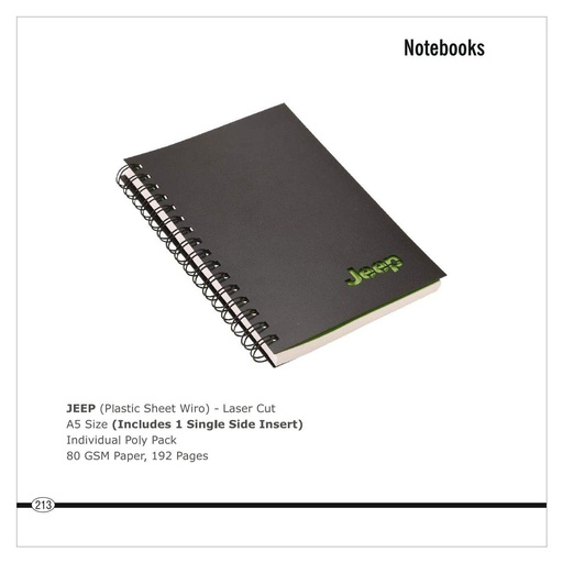 [56068] Jeep  |  Note Book - (Plastic Sheet Wiro)- Laser Cut - Size : A5 (Includes 1 Single Side Inserts), Individual Poly Pack, 80 Gsm Paper, 192 Pages (Moq : 100 Pcs)