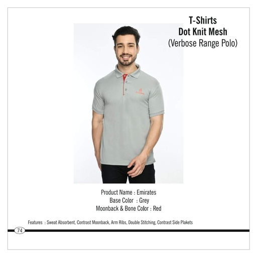 [56042] Emirates  |  T-Shirt - (Verbose Range Polo), Fabric : Dot Knit Mesh, Base Colour : Grey, Bone Colour : Red, Features : Sweat Absorbent, Contrast Bone