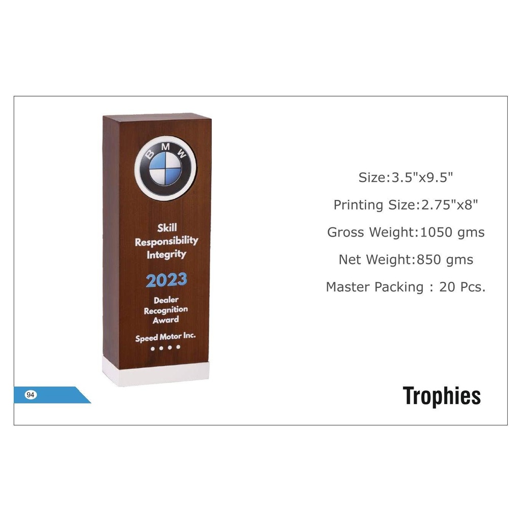 [56034] Bmw  |  Trophies - Size : 3.5" X 9.5", Printing Size : 2.75" X 8"