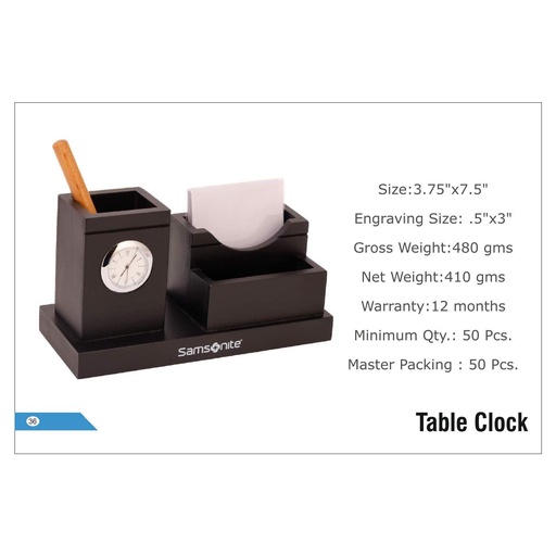 [56026] Samsonite  |  Table Clock - Size : 3.75"X7.5", Engraving Size: .5"X3" Without Pen & Pad : 260.00 (Moq : 50 Pcs)