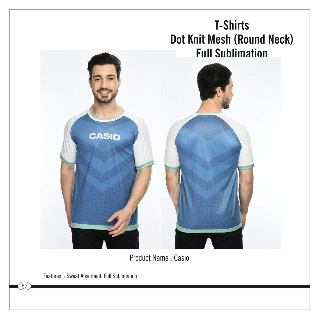 [56044] Casio  |  T-Shirt - (Round Neck) (Special) Full Sublimation, Fabric : Dot Knit Mesh, Base Colour : White, Features : Sweat Absorbent, Contrast Band