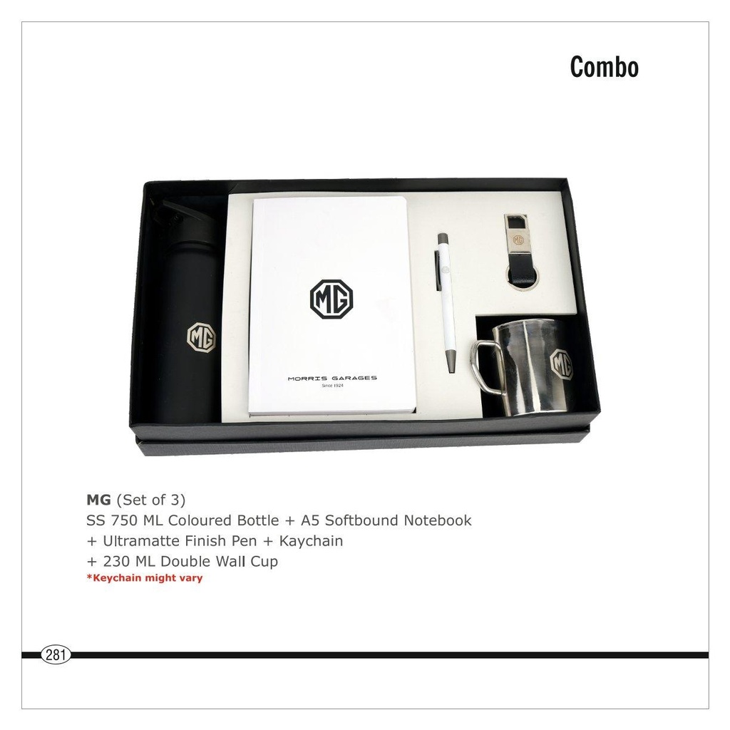 [56081] Mg  |  (Set Of 5) - Stainless Steel Coloured Bottle 750 Ml + A5 Softbound Notebook + Ultramatte Finish Pen + Keychain + Double Wall Cup 230 Ml
