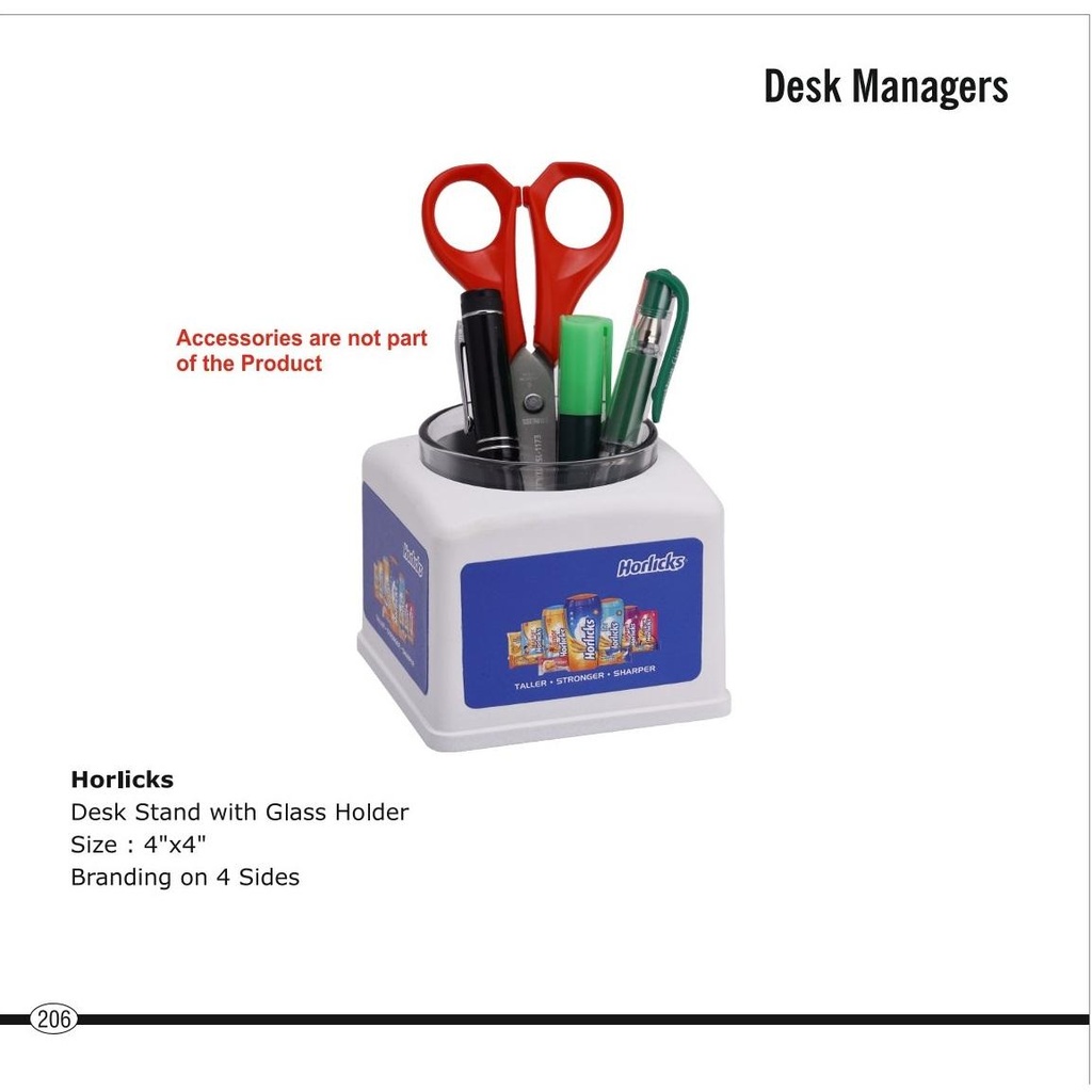 [56064] Penstand With Glass Holder, Size : 3.75" X 3.75", Printing Size : 2" X 3", (Branding On 4 Sides)