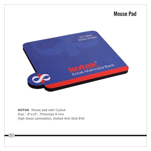 [56073] Kotak  |  Mouse Pad With Cutout Size : 8" X 10", Thickness 8 Mm, High Gloss Lamination, Dotted Ant Skid Eva