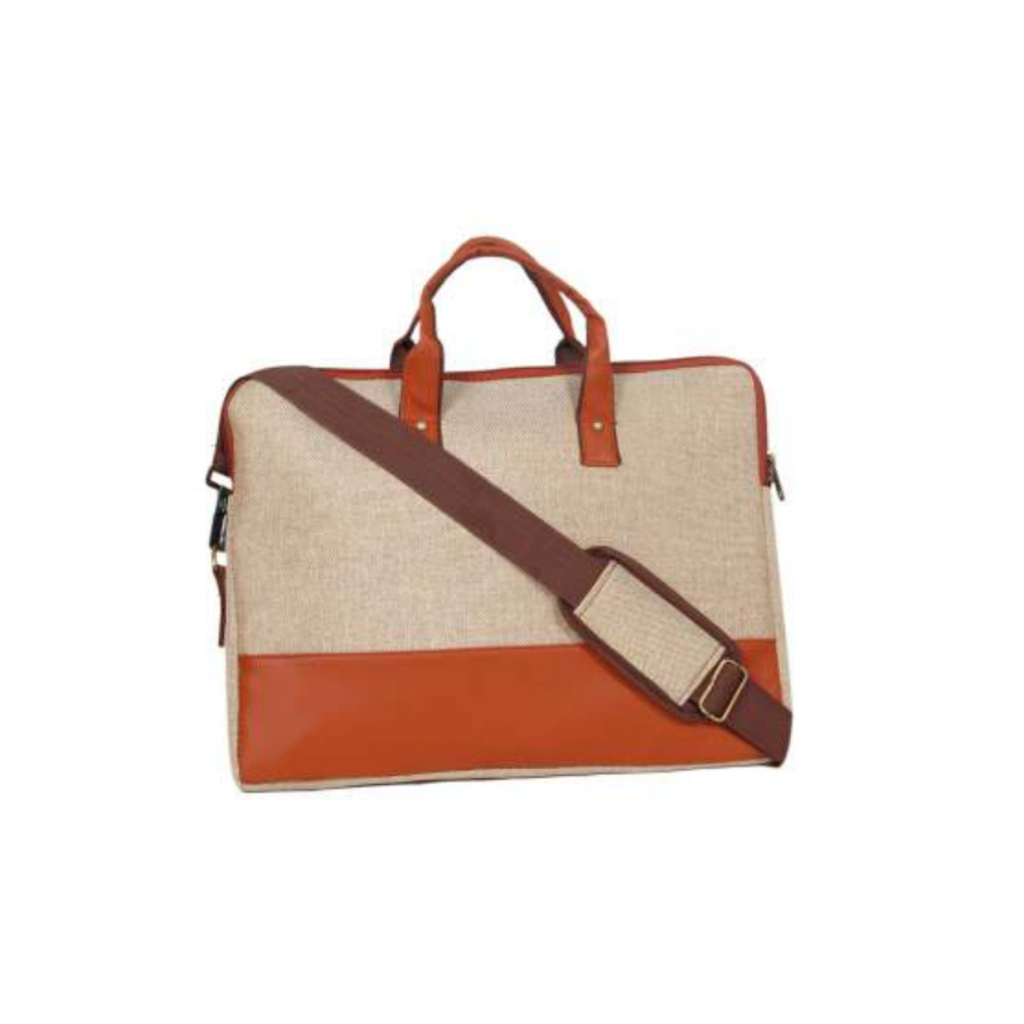 [61538] JUTE & PU LAPTOP BAG
