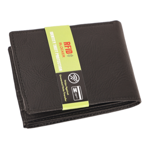 [61541] ITC   | Wallet Cum Card Holder With Rfid Blocker, Fabric : Textured Vegan Leather, Printing : Embossing, Color : Grain Matte Black, Type : 4 Cards + 2 Side Pocket, MOQ : 200