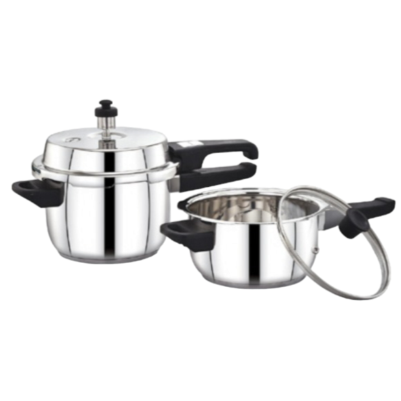 [62376] Stainless Steel Pressure Cooker Combo -Size: 2Ltr & 3Ltr Common Lid (2body,1lid,1glass lid)