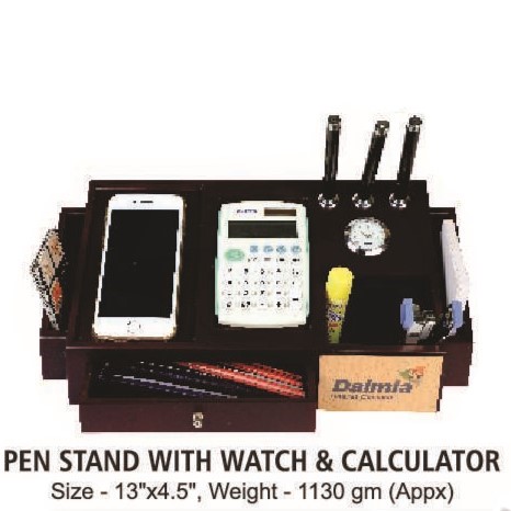 [62476] Pen Stand With Watch & Calculator - Size : 33.02*11.43 cm, Weight- 1130 gm(Appx)