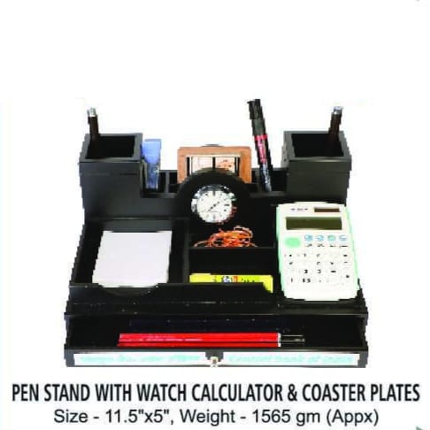 [62495] Pen Stand With Watch Calculator & Coaster Plates - Size : 29.2x12.7 cm, Weight- 1565 gm(Appx)