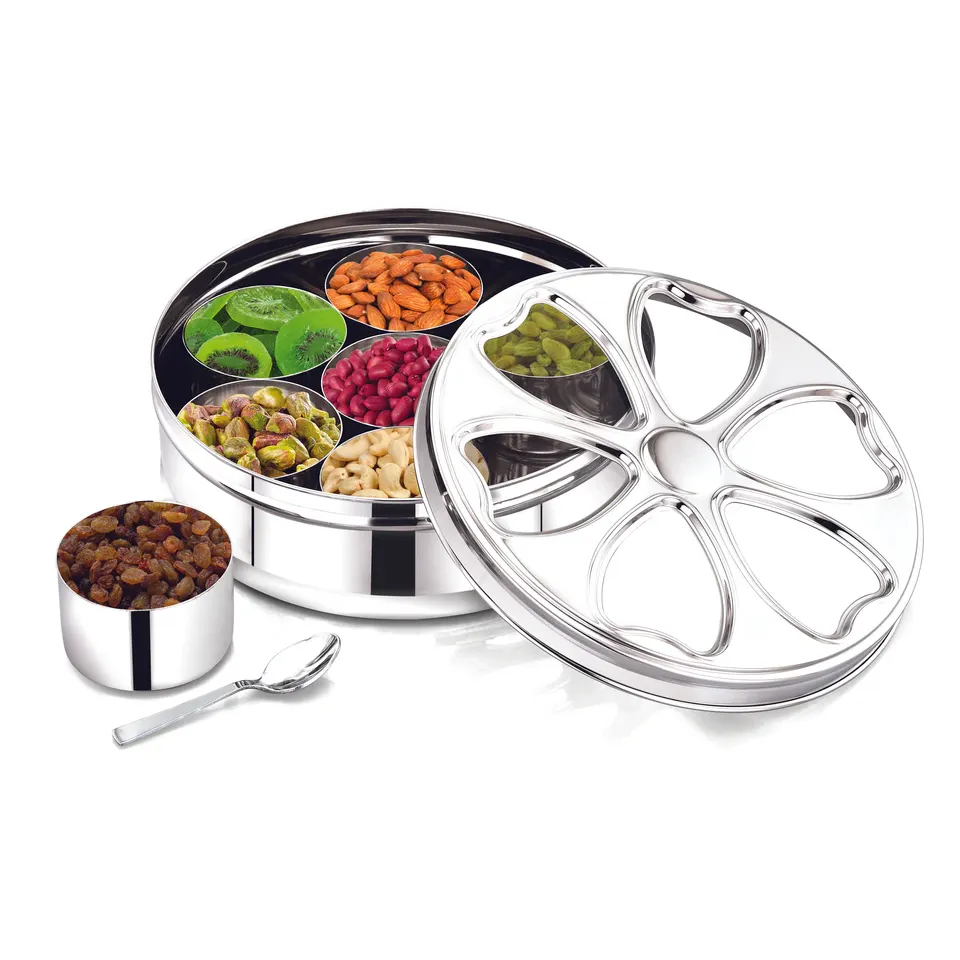 [62574] Heart -In- DryFruit& Masala Box 7 Cups With Spoon - Size : 23 CM