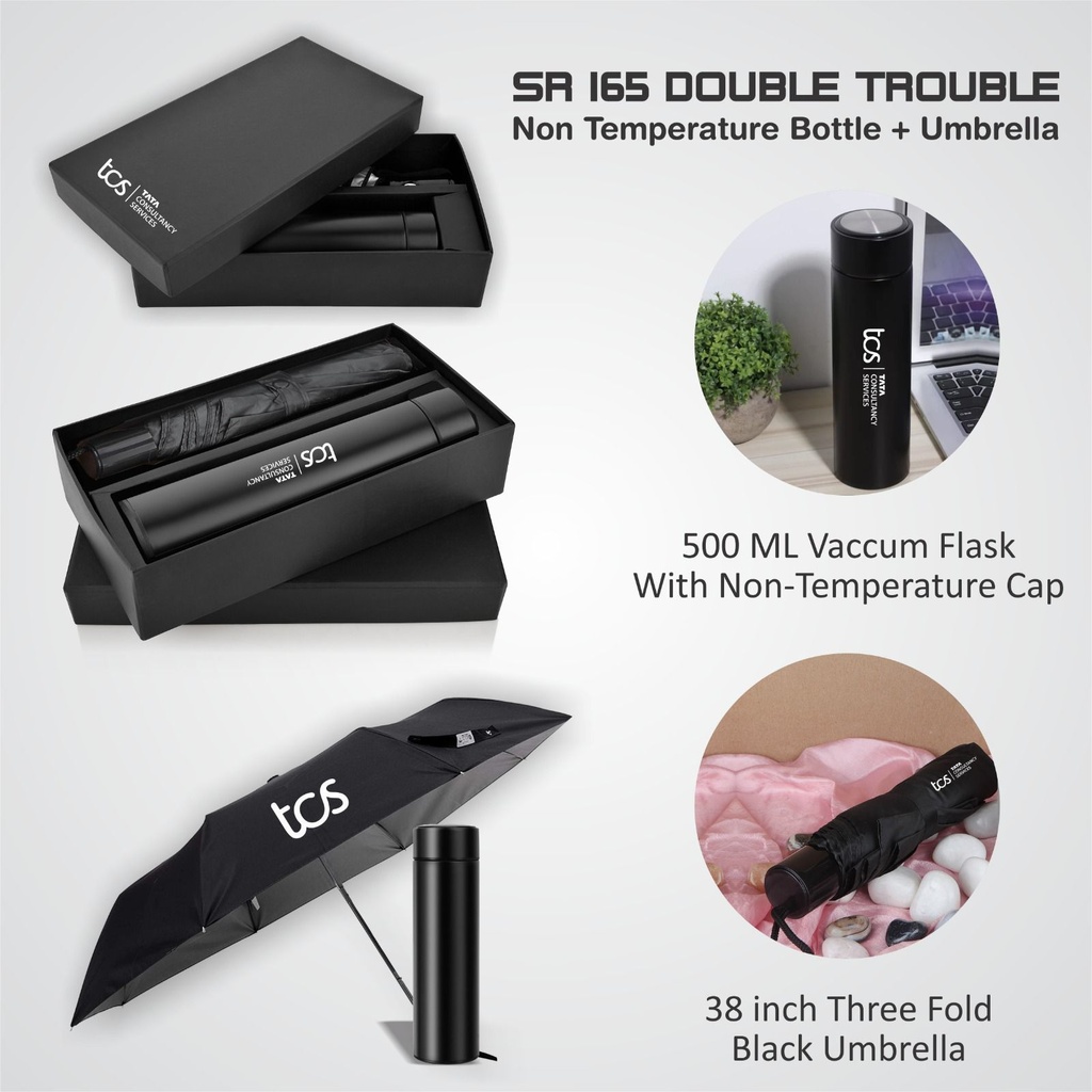 [62606] Double Gift Set: 500ml Vacuum Flask & 38-inch Three Fold Umbrella - Perfect for Business & Travel