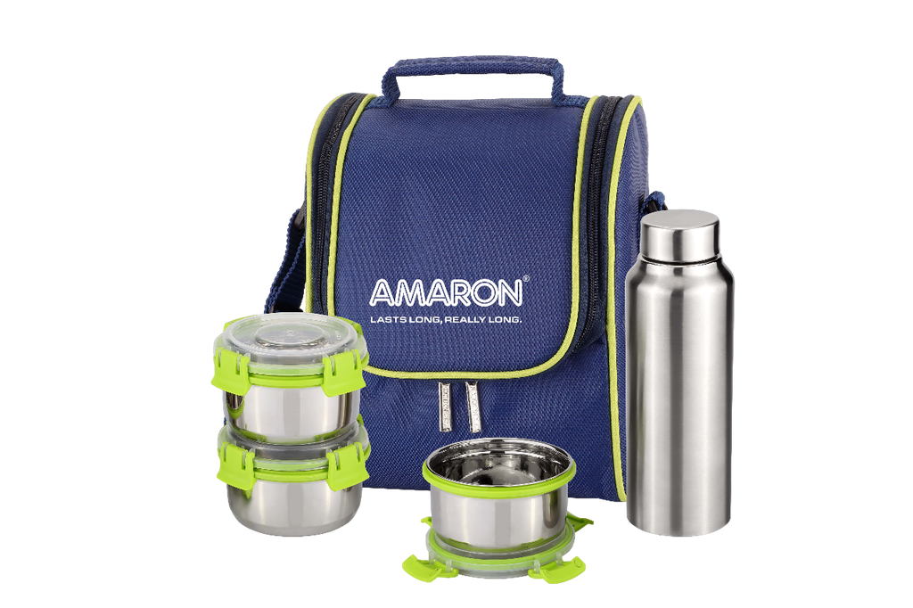 [55743] Lunch Box Stainless Steel (5 Pcs Set) - 3 pcs 350 ML Containers, 1 Pc Water Bottle Stainless Steel 750 ML with Bag