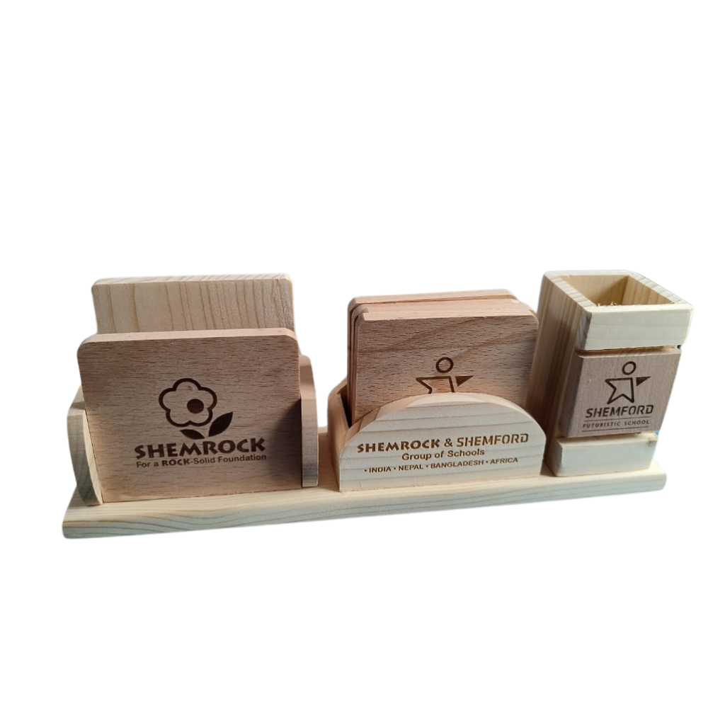 [60521] Shemrock & Shemford Wood Desk Organizer Set - Engraved Pen/Pencil Holder For Office, Student Use Eco-Friendly Accessories